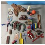 Vintage horseshoes, holster, lincoln logs, blocks