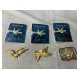 3 gold plated eagle tie tacks, 2 eagle pins and 3 gold plated eagle tie tacks, 2 eagle pins and