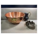 Copper bowl, cookie cutter & small pitcher Copper bowl, cookie cutter & small pitcher