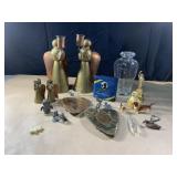 Brass and copper candlesticks, tiny dogs abd lots