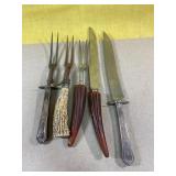 Vintage 3 Tong forks and 2 Filleting Knives