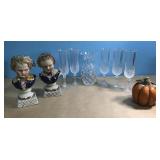 7" Glass Vase, 8" Tall Glasses, (2) Vintage Head