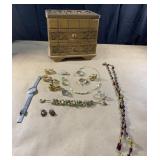 Vintage neat wood jewelry box and contents
