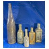 5 antique Glass Bottles- Medicine & St.Louis
