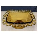 Vintage amber glass scallop edge pedestal dish