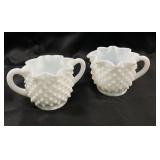 Vintage hobnail milk glass creamer and sugar