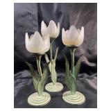 3 set Vintage Metal & Glass Tulip candleholders