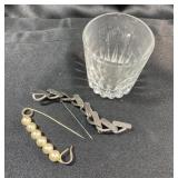 Shot Glass & 2 Vintage Fashion Pins