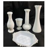 5 set of Milk Glass Vases, Tray, and Candle