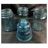 3 Vintage Mason Jars & Glass Insulator