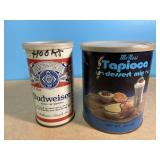 2 vintage cans with plastic lids. Budweiser can