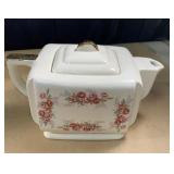 Brass candle holder, teapot and pottery