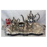 Silverplate Tea Pot Cream Sugar and Tray