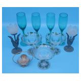Blue Stemmed Glassware, Floral Candle Holders, Han