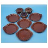 6 Redware Handled Plates, 3 Ramekins with Lids