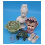 Bust of Girl, Head Vase, Cabbage Lidded Dish +