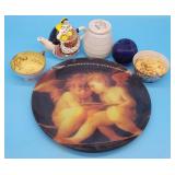 Cupid Tray, Teapot, oriental cups lot