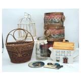 Decor Lot - Bird Cage Baskets Cottage Teapot Sunca