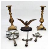 Pair Brass Candle Holders, Cast Iron Eagle Ashtray