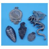 Arrowhead, Small Fossils & Pewter Dragon & Skull