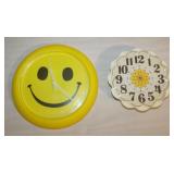 2 1960s Kitchen Clocks Smiley Face Yellow Flower P