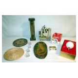 4 Antique Salt Cellars, Inlaid Wood Trivet, Carved