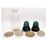 4 Glass Flower Frogs, 2 Green Glass Insulators - H