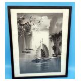 Unsigned Mixed Media Painting Of Chinese Junk Boat