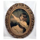 Antique Oval Wooded Frame w Painting of Little Gir
