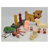 Vintage Toy Lot, Wood Pull Toy Lamb, Plastic Horse