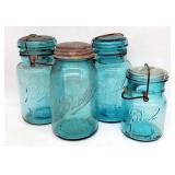4 Blue Glass Ideal Ball Canning Jars with Lids
