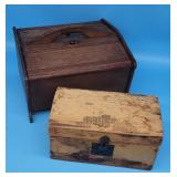 2 Vintage Wood Boxes Sewing Carrier Tote
