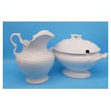 2 Pc Antique Ironstone - Water Pitcher, Soup Turee