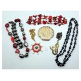 Red Beaded Necklaces, Black Heart Beads, Ships Whe