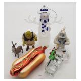Grouping of Ornaments - Hot Dog, Shrek, Donkey, Ab