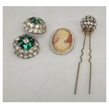 Vintage Cameo & Rhinestone Jewelry Sterling Earrin
