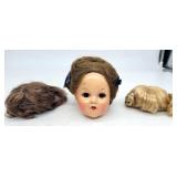 Antique Doll Head & 2 Extra Wigs Blonde Brunette S