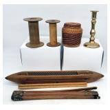 Large Wood Spools Weaving Loom Shuttle Ruler Antiq