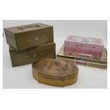 2 Lock Boxes & Lot Of Vintage Candy Tins, Sewing W