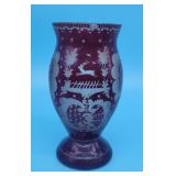 Red Cut to Clear Vase w Flying Reindeer Design, Ca