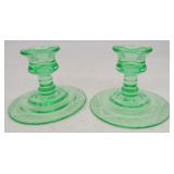 Pair Uranium Green Depression Glass Candlesticks C