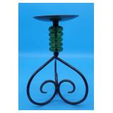 Decorative Candle Holder Ironwork w Green Glass Ac