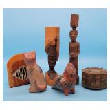 African Carved Wood Statues Folk Art Cat & Bird Br