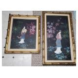Gold Bamboo Framed Paintings of Geisha Girls Red C