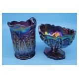 2 pc Amethyst Carnival Glass Pitcher Oval Compote