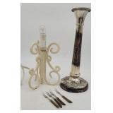 Wrought Iron Table Lamp, Silverplate Candlestick,