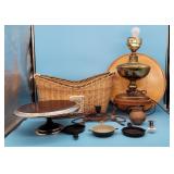 Wicker Basket, Lamp, Pedestal Stand, Cast Iron Wil