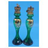 Dainty Hand Painted Green Glass Oil Lamps