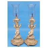 2 Figural Cherub Lamp Bases Metal & 2 Glass Hurric