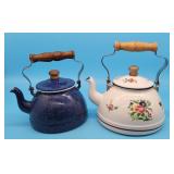 2 Enamelware Tea Kettles Blue Speckle Agate Floral